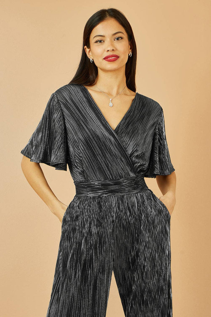 Black Silver Metallic Pleated Jumpsuit