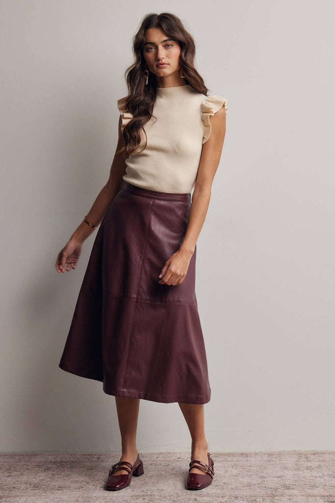 Faux Leather A-Line Midi Skirt: Burgundy