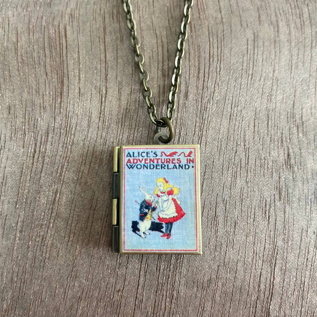 Book Locket Necklace - Alice In Wonderland - Grey: Bronze