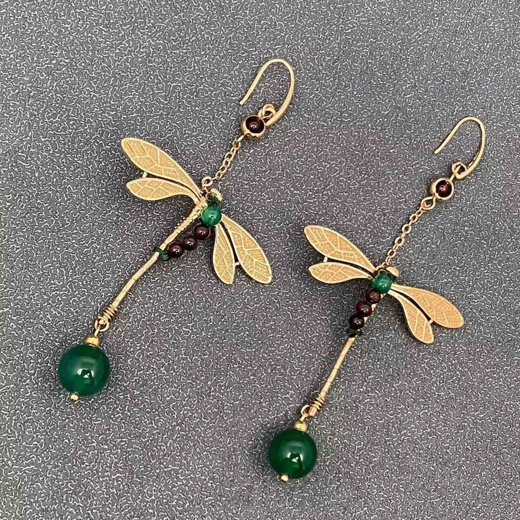 Vintage Agate Dragonfly Gold Plated Earrings