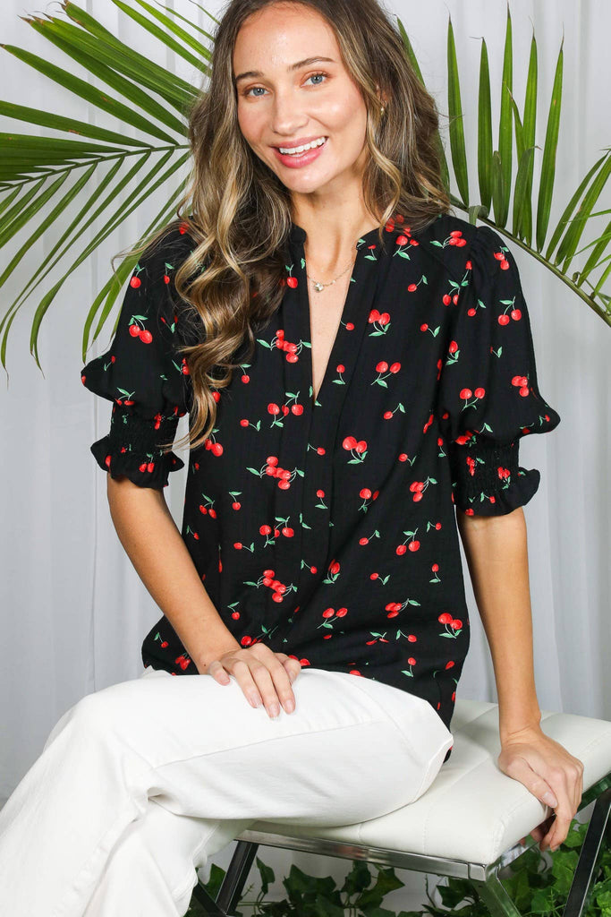 Cherry Print V-Neck Blouse