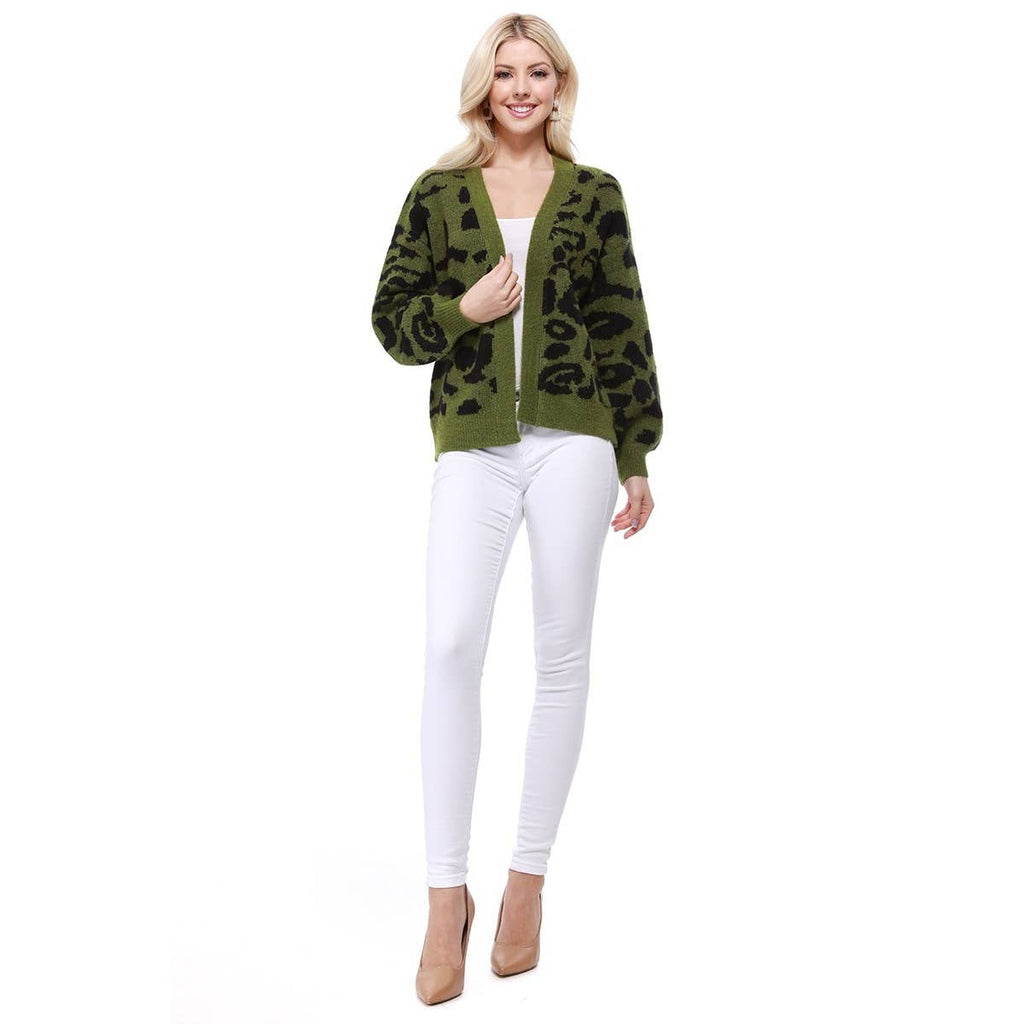 Leopard Open Front Cardigan: Sage
