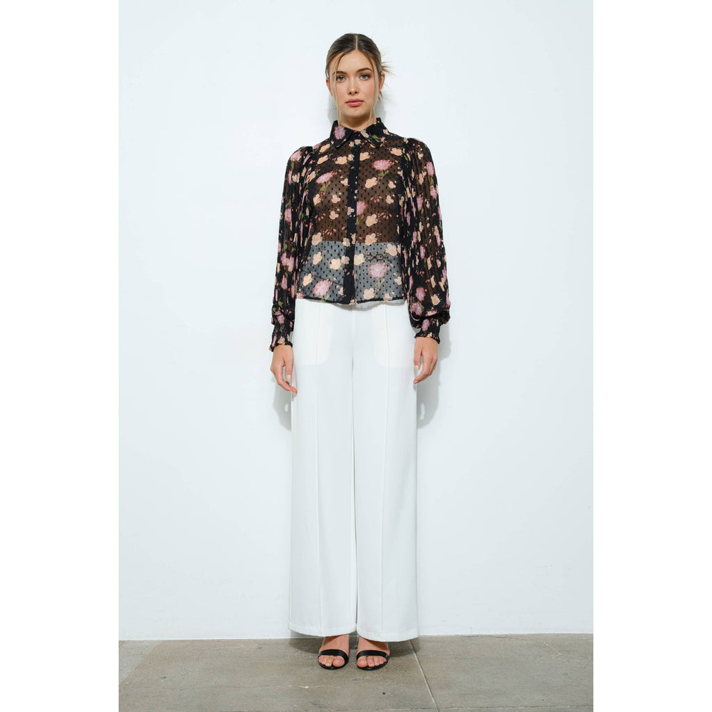 Floral Pleated Sleeve Blouse Top