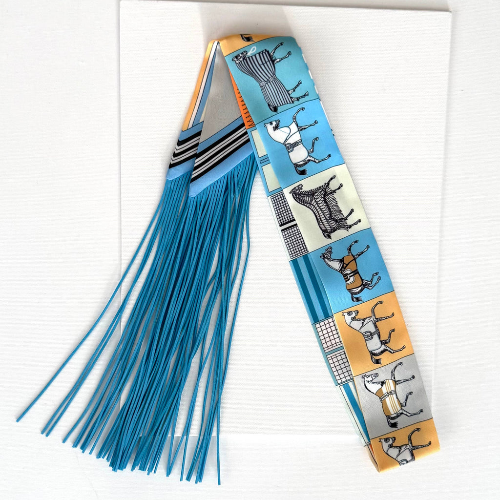 Fringe Twilly Scarf Horse Pattern Blue and Yellow