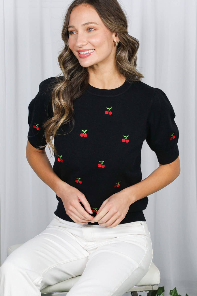 Cherry Embroidered Crew Neck Sweater