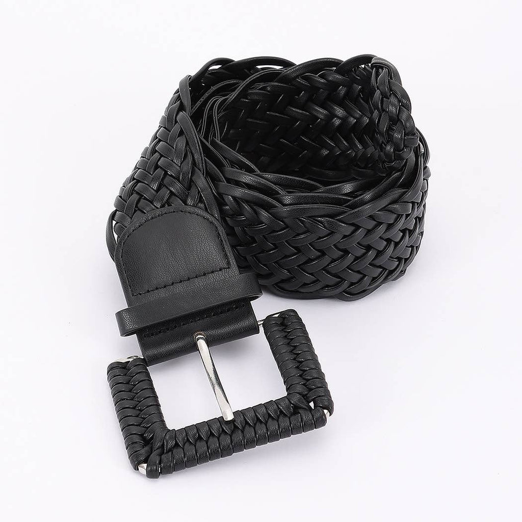 Braided Vegan Leather Buckle Belt: Black