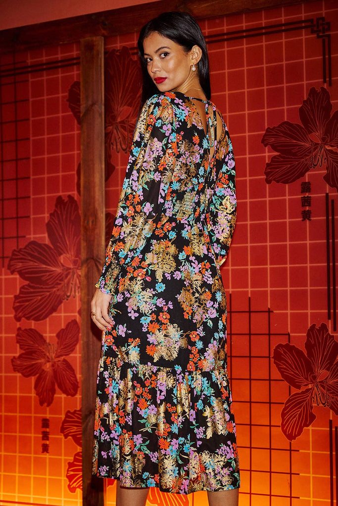 Floral With Gold Dress With Split Hemline
