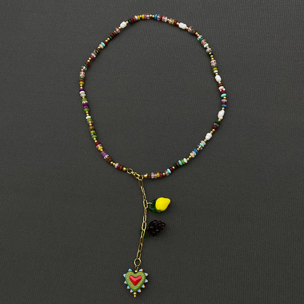 Heart & Fruit Charm Glass Beaded Necklace