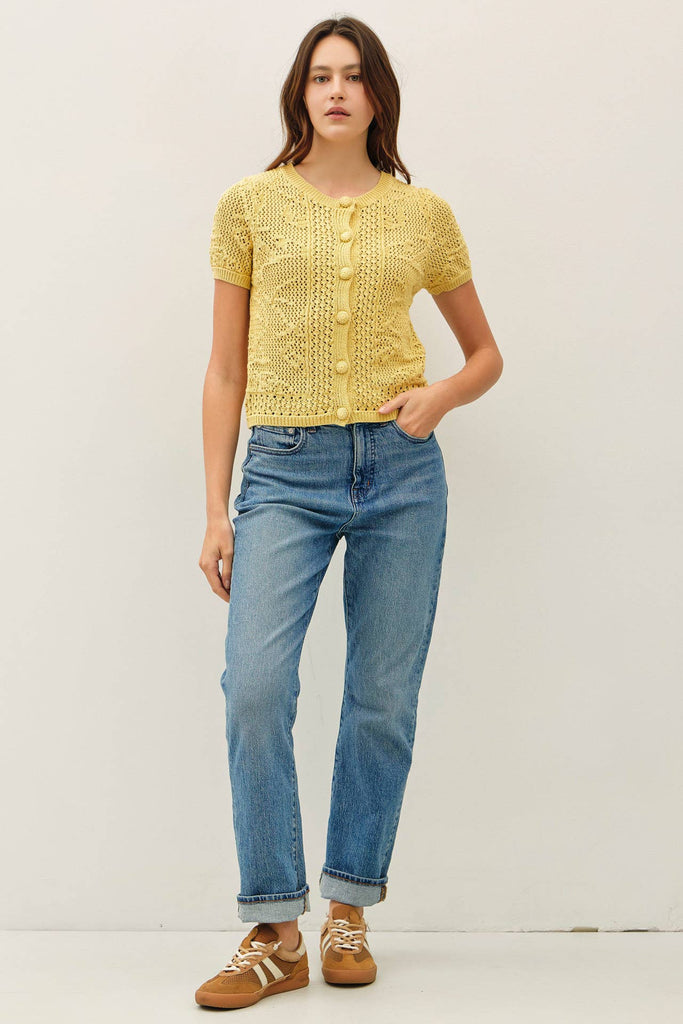 Cotton Crochet Short Sleeve Cardi: Butter