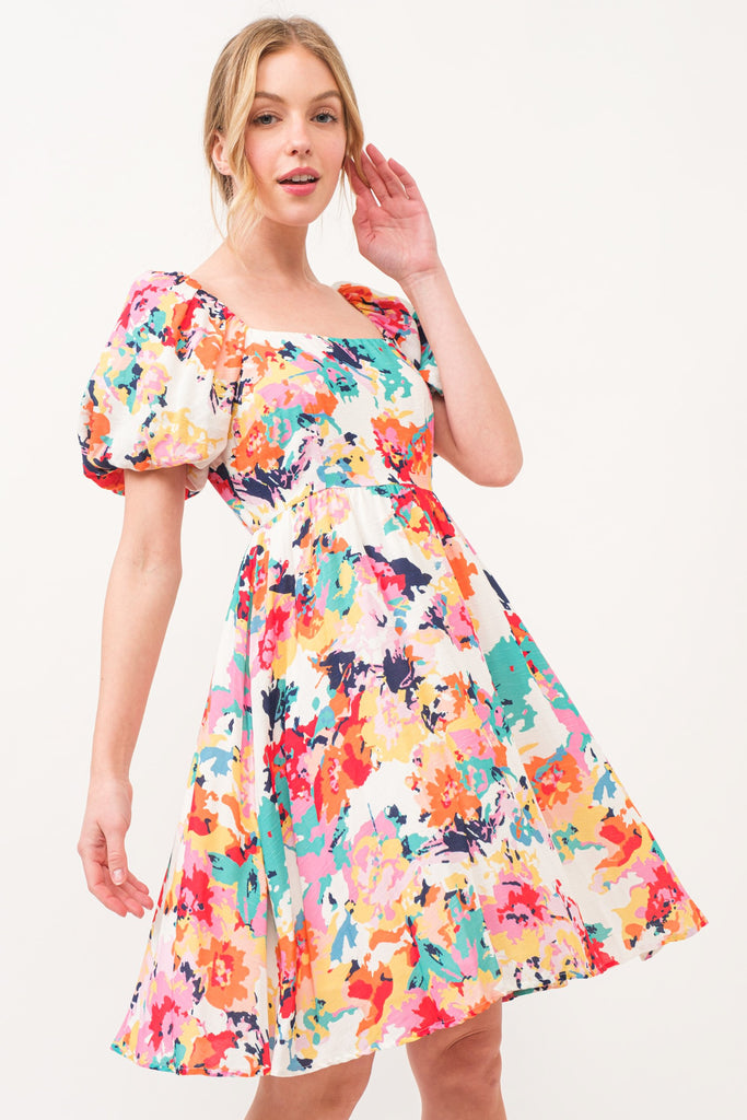 Floral Bubble Sleeve Dress - ONLY 3X