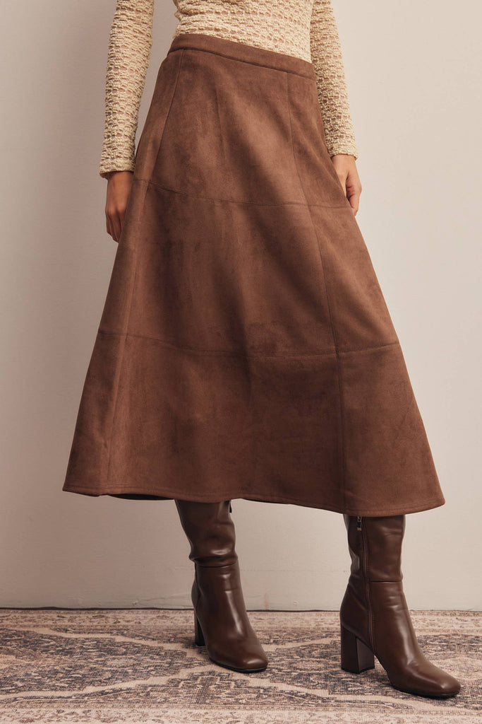 Stretch Suede A-Line Midi Skirt: Mocha
