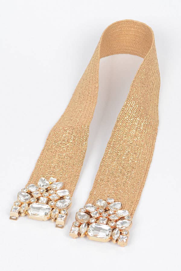 Rhinestone Metallic Straw Stretch Belt: Silver