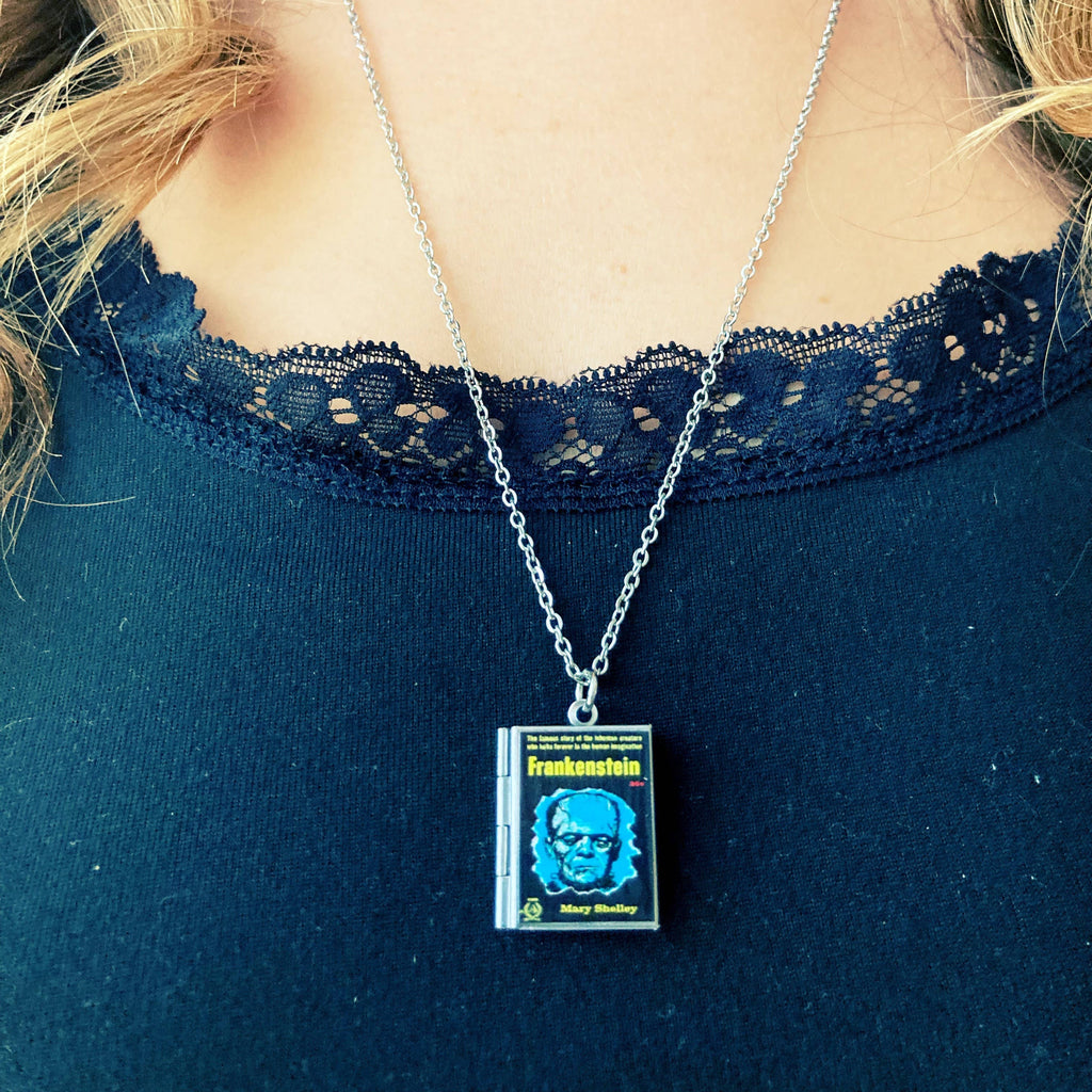 Book Locket Necklace - Frankenstein - Blue Portrait: Stainless Steel