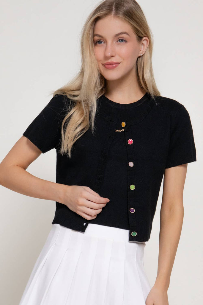 Short Sleeve Rainbow Button Card: Black