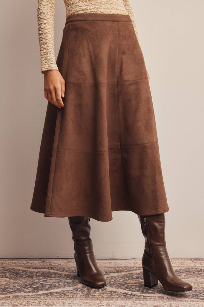 Stretch Suede A-Line Midi Skirt: Mocha