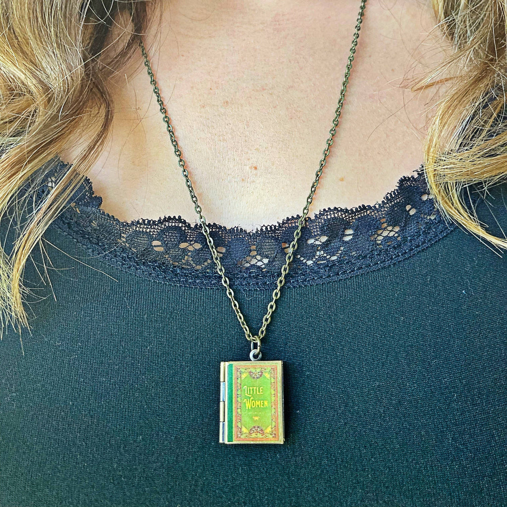 Book Locket Necklace - Little Women - Green Filagree: Bronze