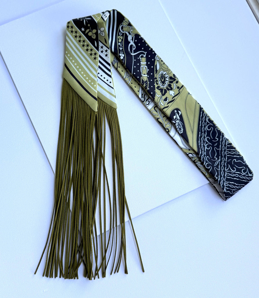 Fringe Scarf Belt Print Olive Green Black