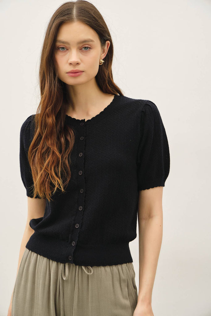 Pointelle Short Sleeve Cardi: Black