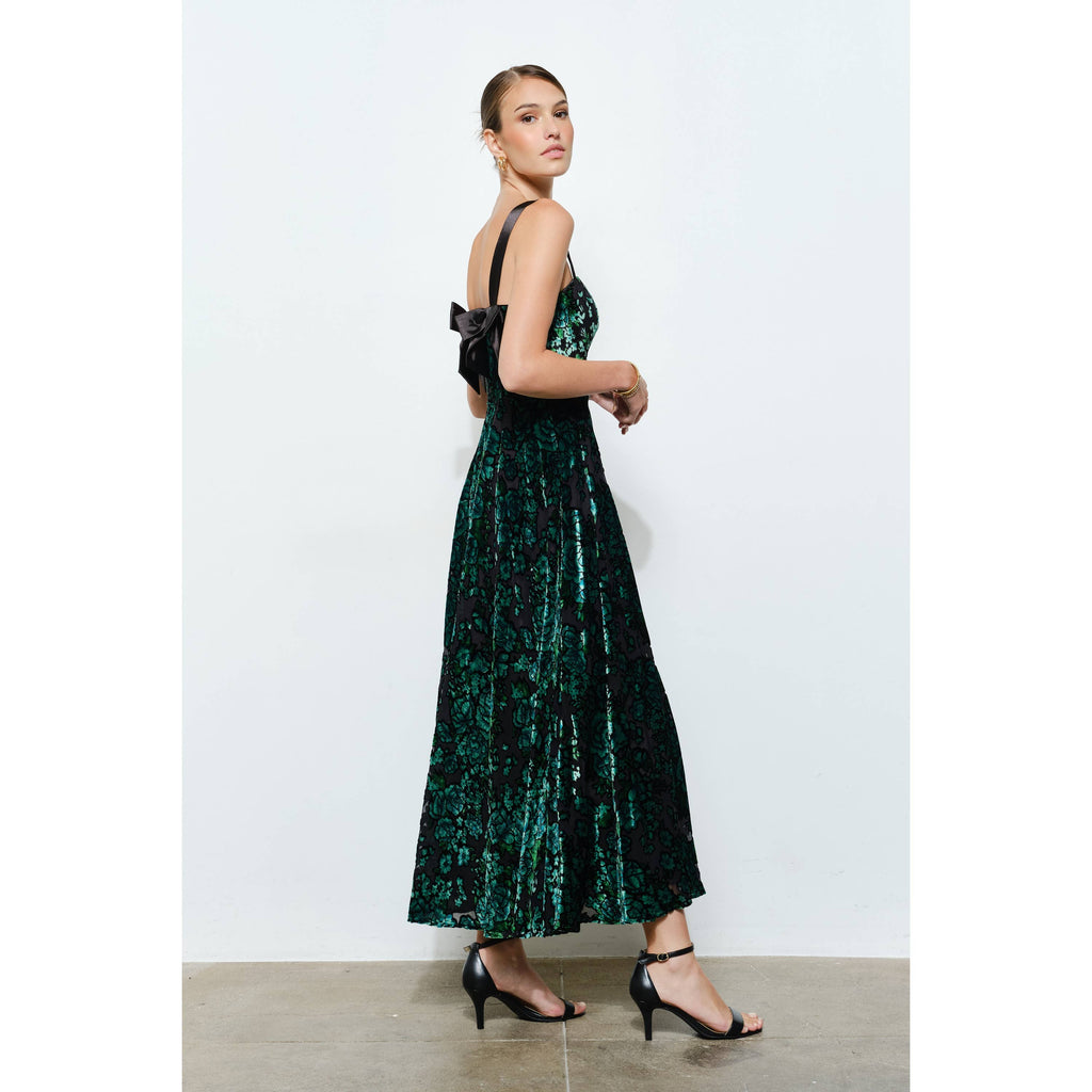 Emerald Velvet Bow-Back Maxi Dress
