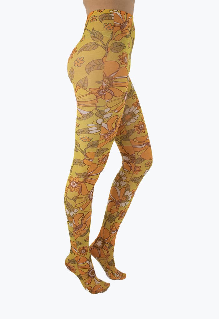 Throwback Floral Printed Tights Mustard: One Size