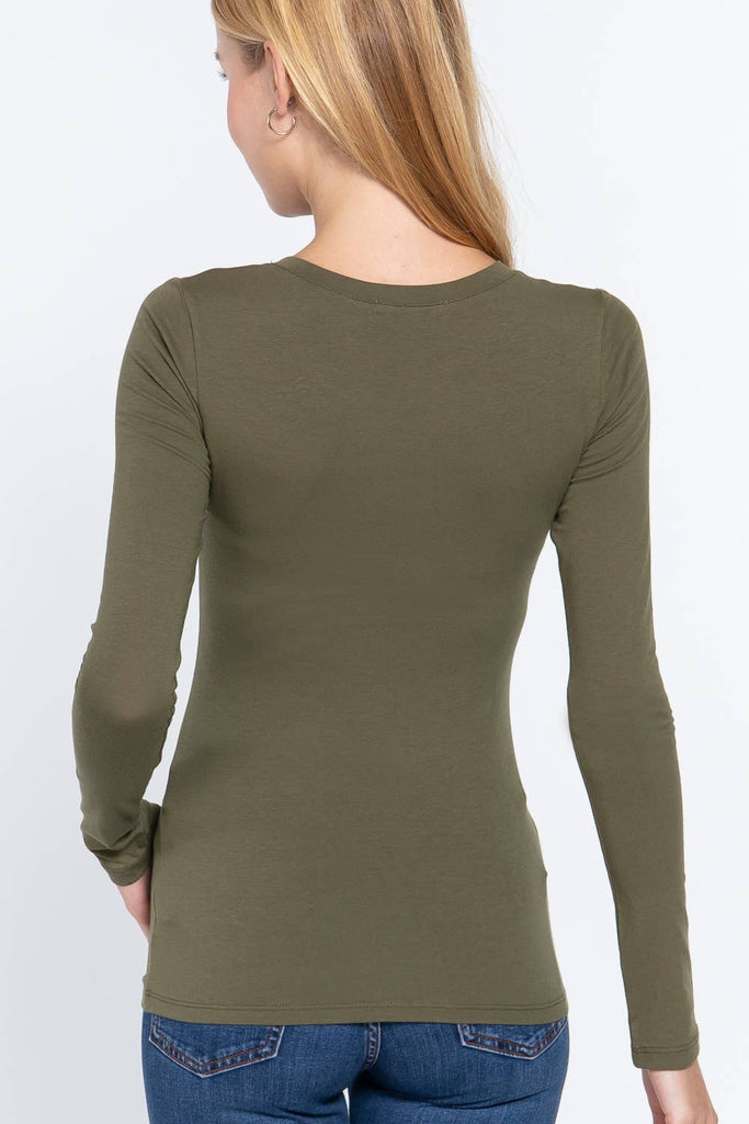 Crew Neck Cotton Spandex Jersey Top:Olive