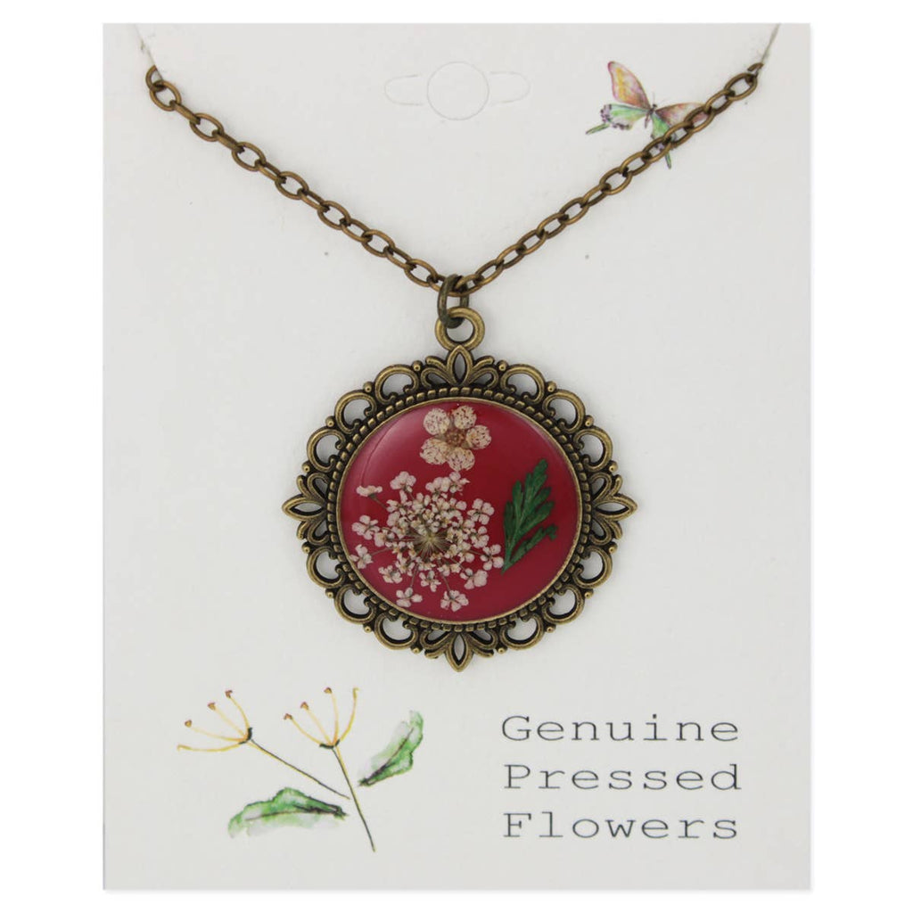 Antique Gold Dried Flower Necklace: Red