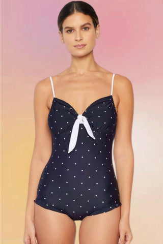 Vintage Style 1 Piece Swimsuit: White on Black Dots
