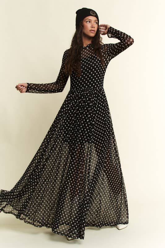 Polka Dot Mesh Maxi Dress