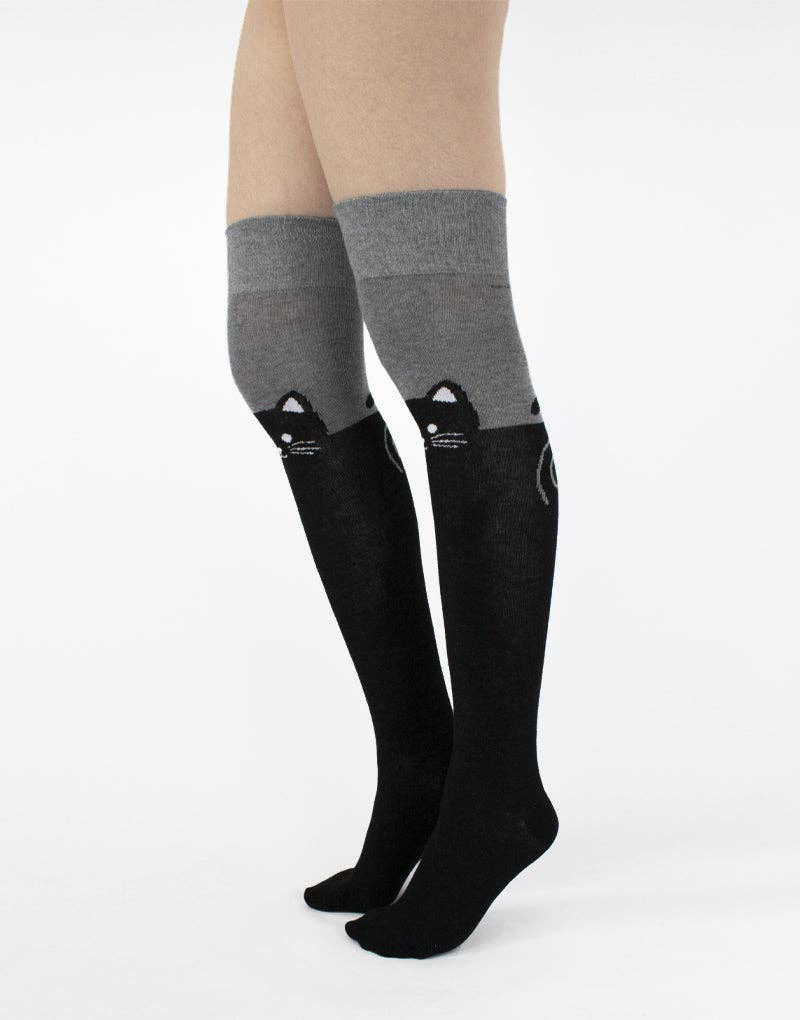Cat Over Knee Sock Black/Grey