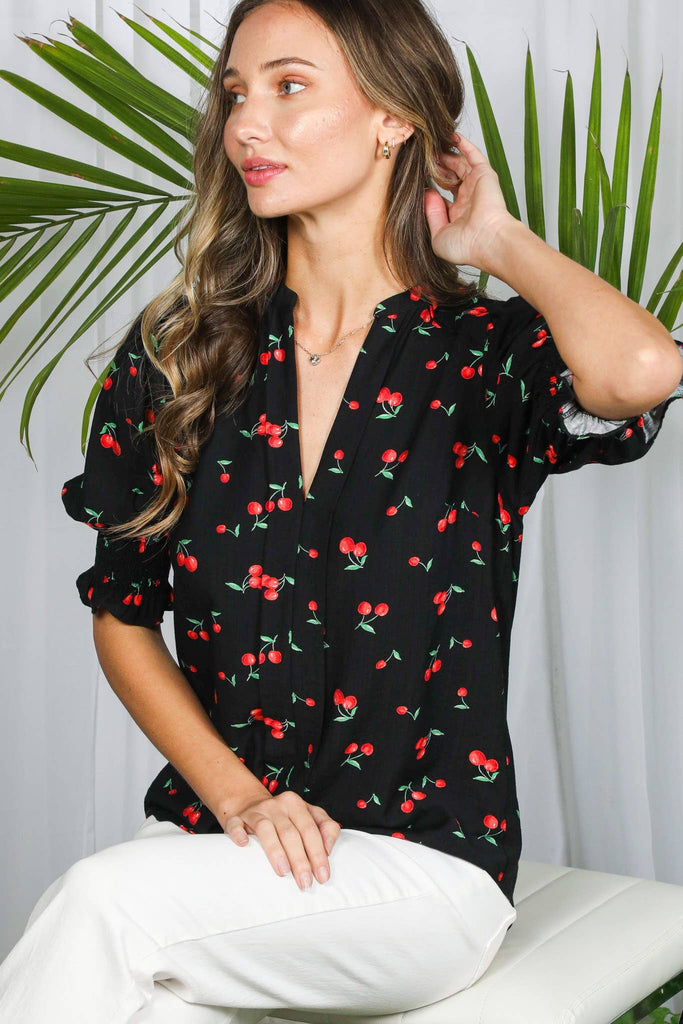 Cherry Print V-Neck Blouse