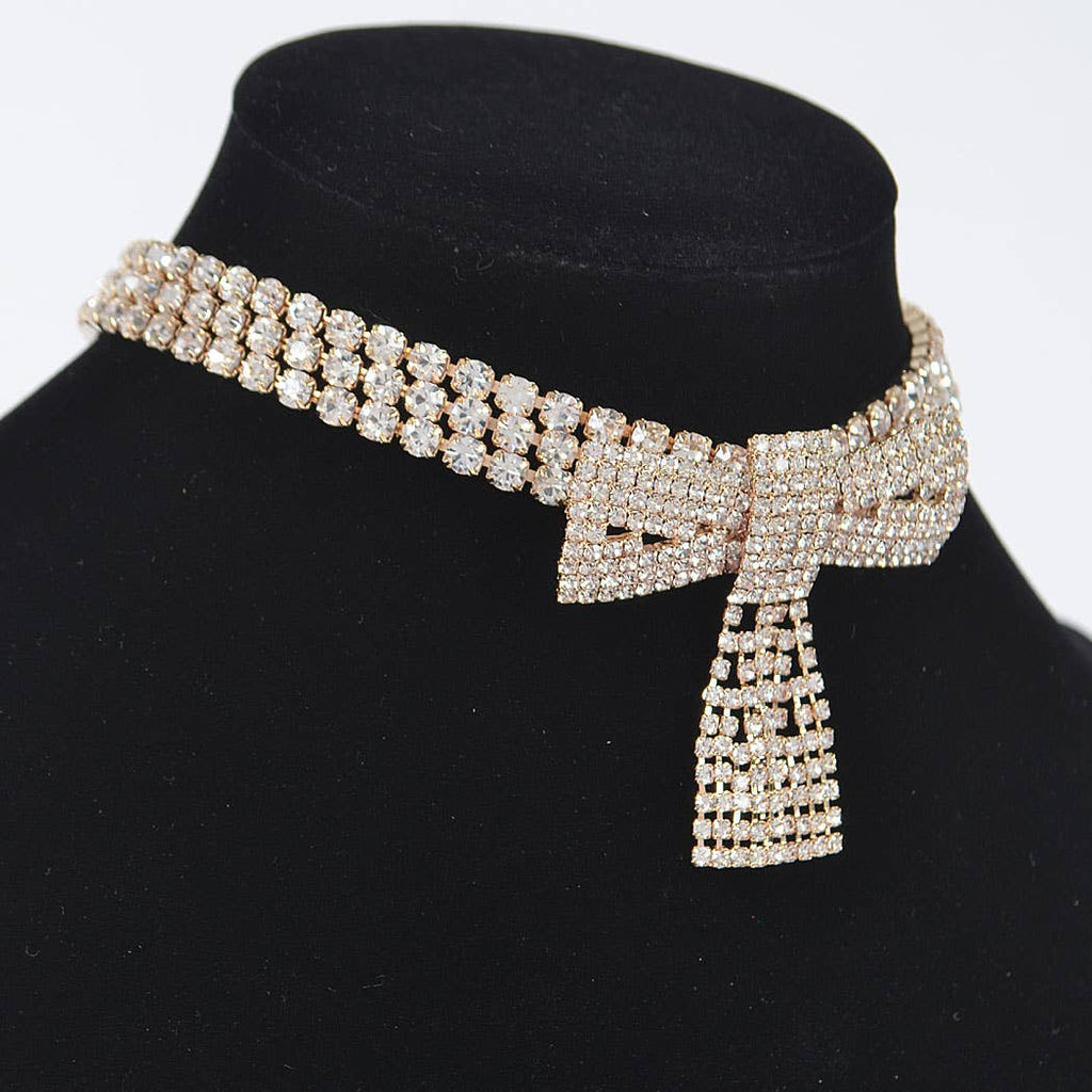 Rhinestone Bow Choker: Gold