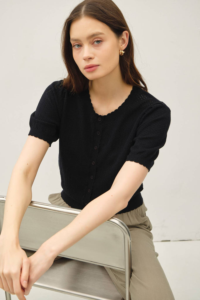 Pointelle Short Sleeve Cardi: Black