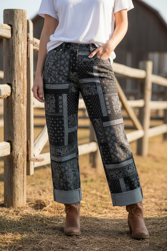 Western Paisley Cuffed Jeans
