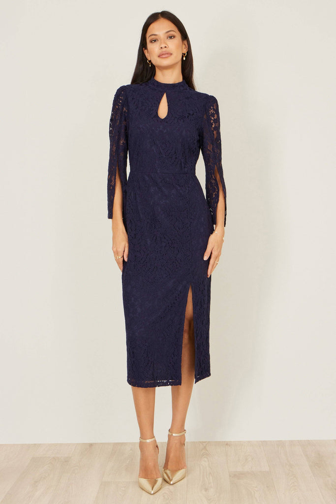 Lace Fitted Midi Dress With Flute Sleeves: Navy