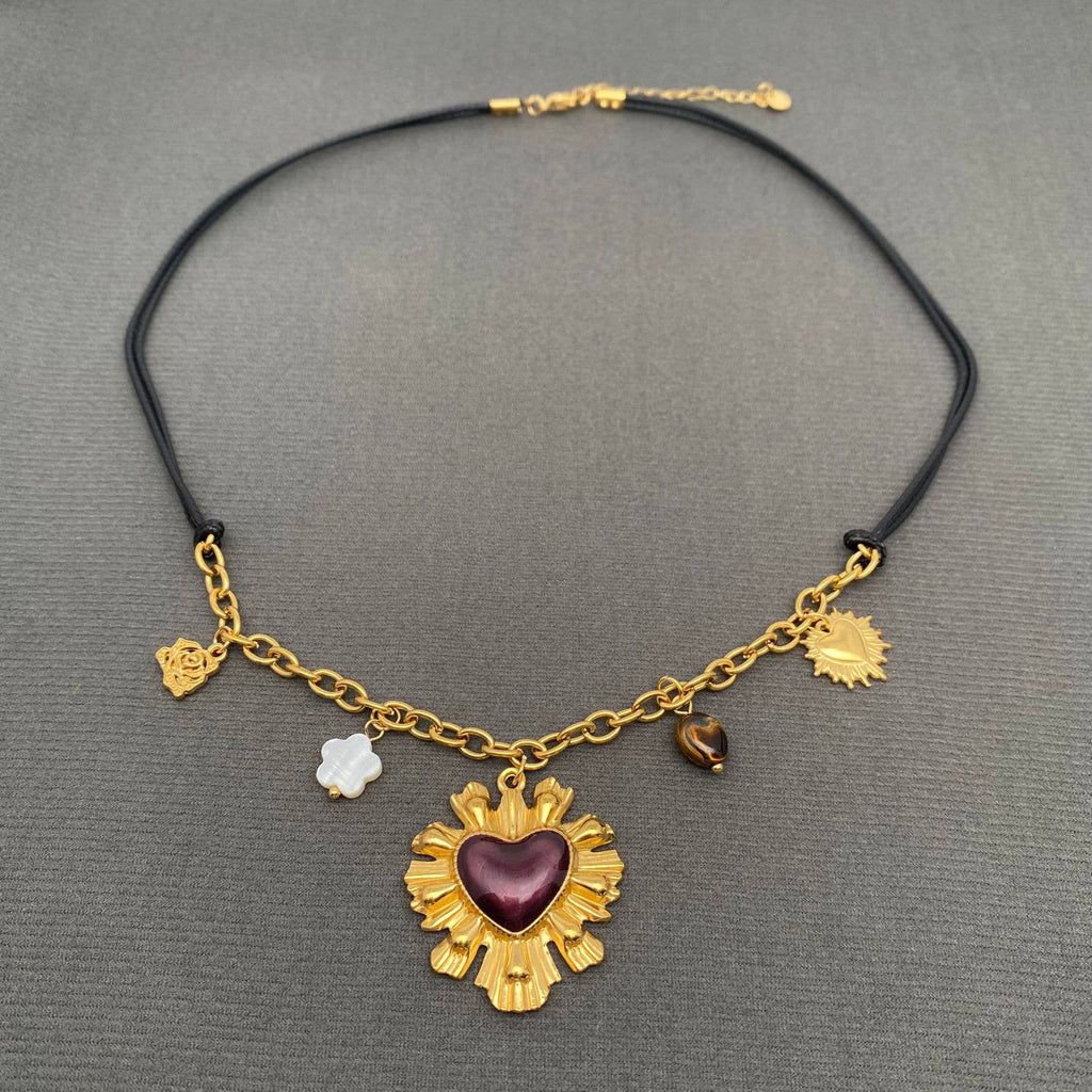 18K Enamel Heart Charm Wax Rope Necklace