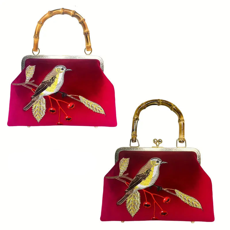 Embroidered Bird Velvet Bag