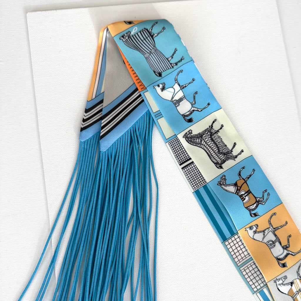 Fringe Twilly Scarf Horse Pattern Blue and Yellow
