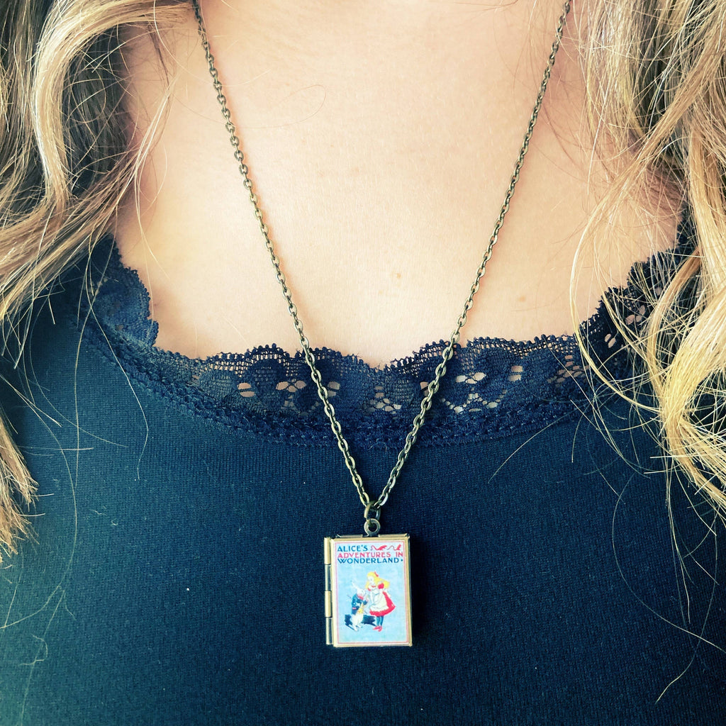 Book Locket Necklace - Alice In Wonderland - Grey: Bronze