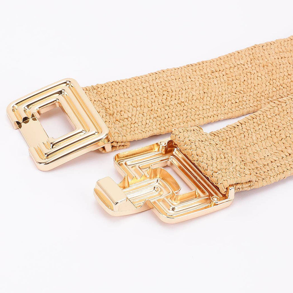 Stretch Rattan Gold Clasp Belt: Khaki