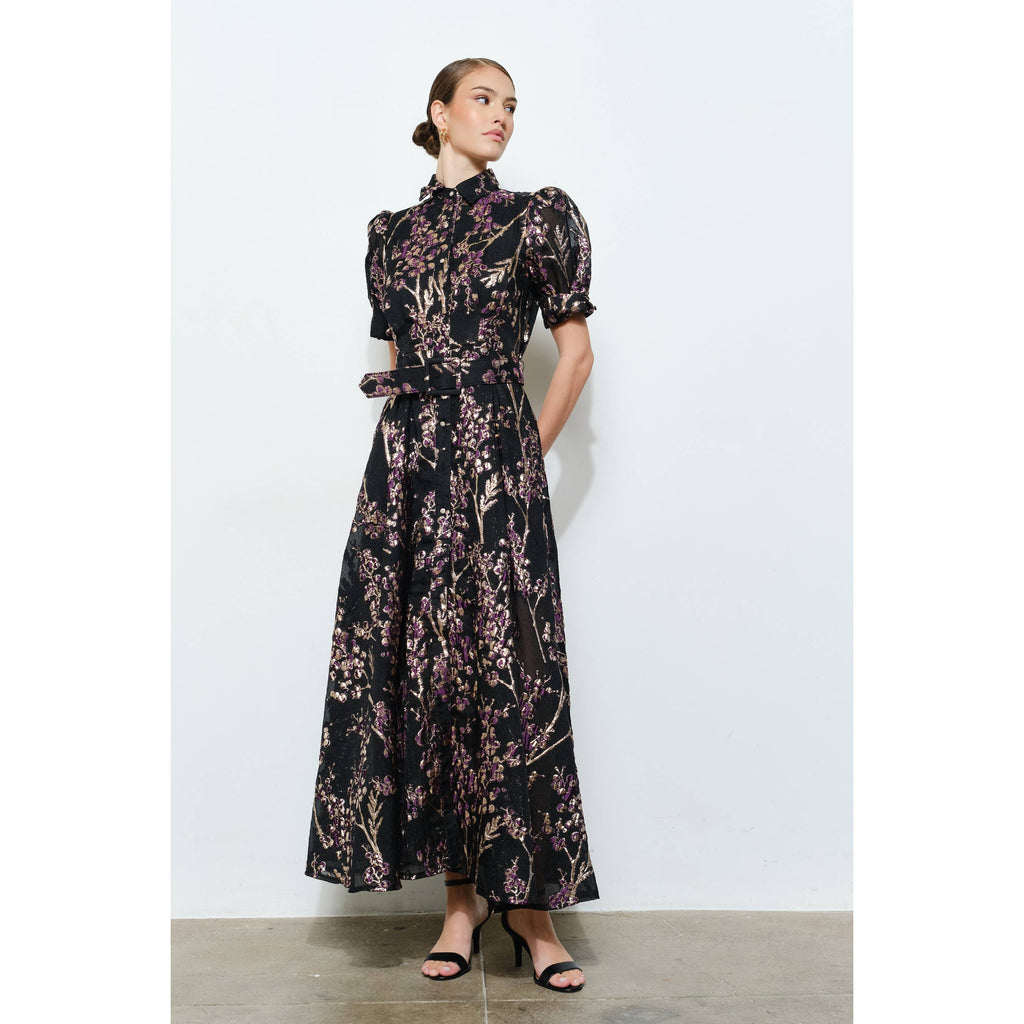 Golden Lurex Floral Jeweled Maxi Dress
