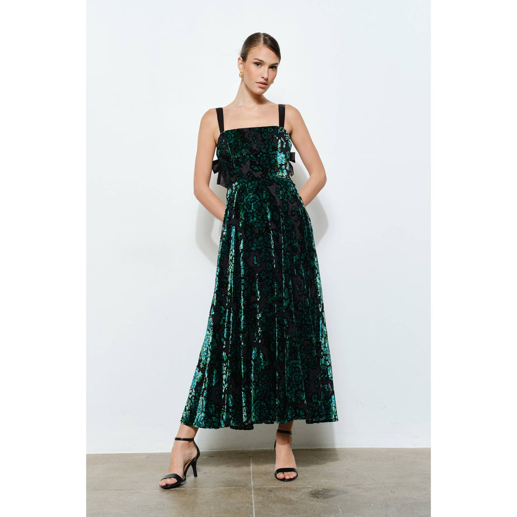 Emerald Velvet Bow-Back Maxi Dress