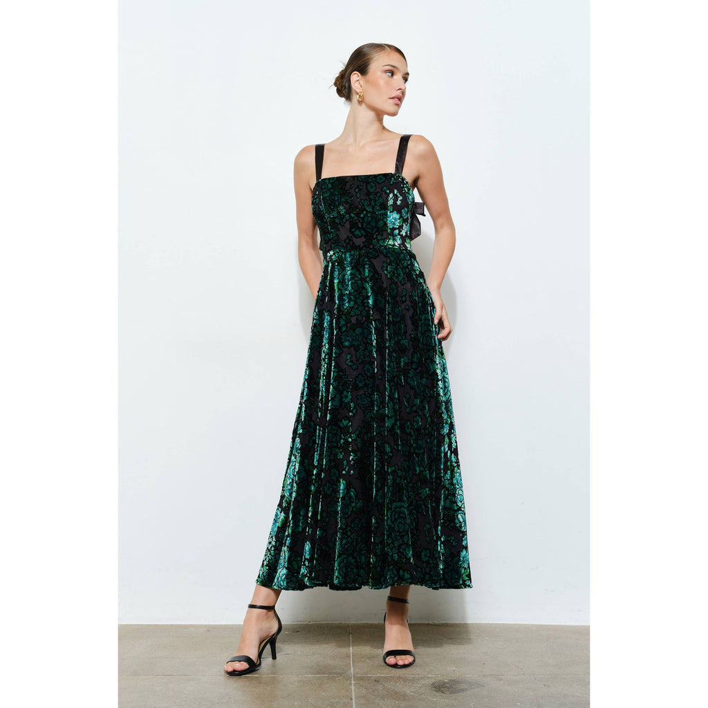 Emerald Velvet Bow-Back Maxi Dress