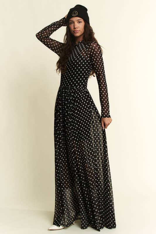Polka Dot Mesh Maxi Dress