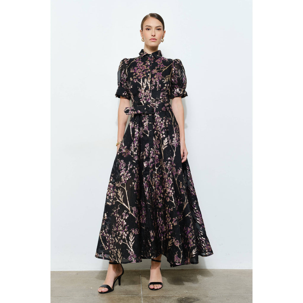 Golden Lurex Floral Jeweled Maxi Dress