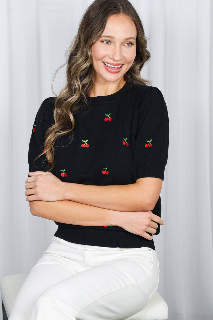 Cherry Embroidered Crew Neck Sweater
