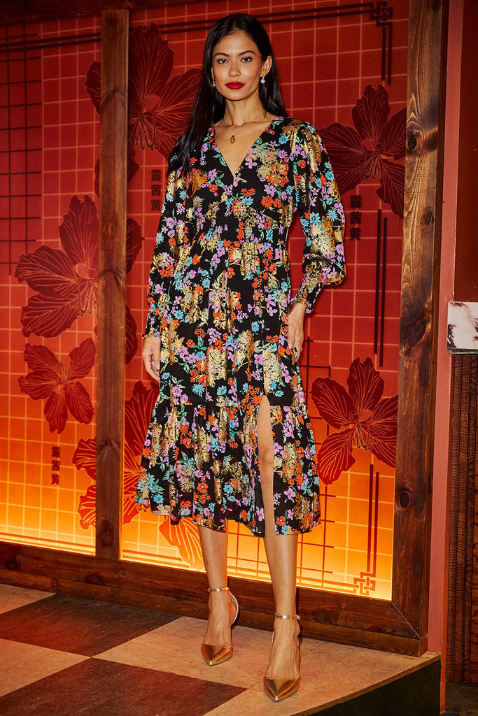 Floral With Gold Dress With Split Hemline