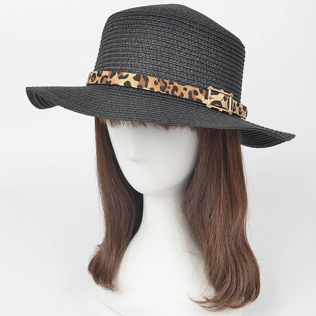 Faux Straw Hat W/Leo Band: Black