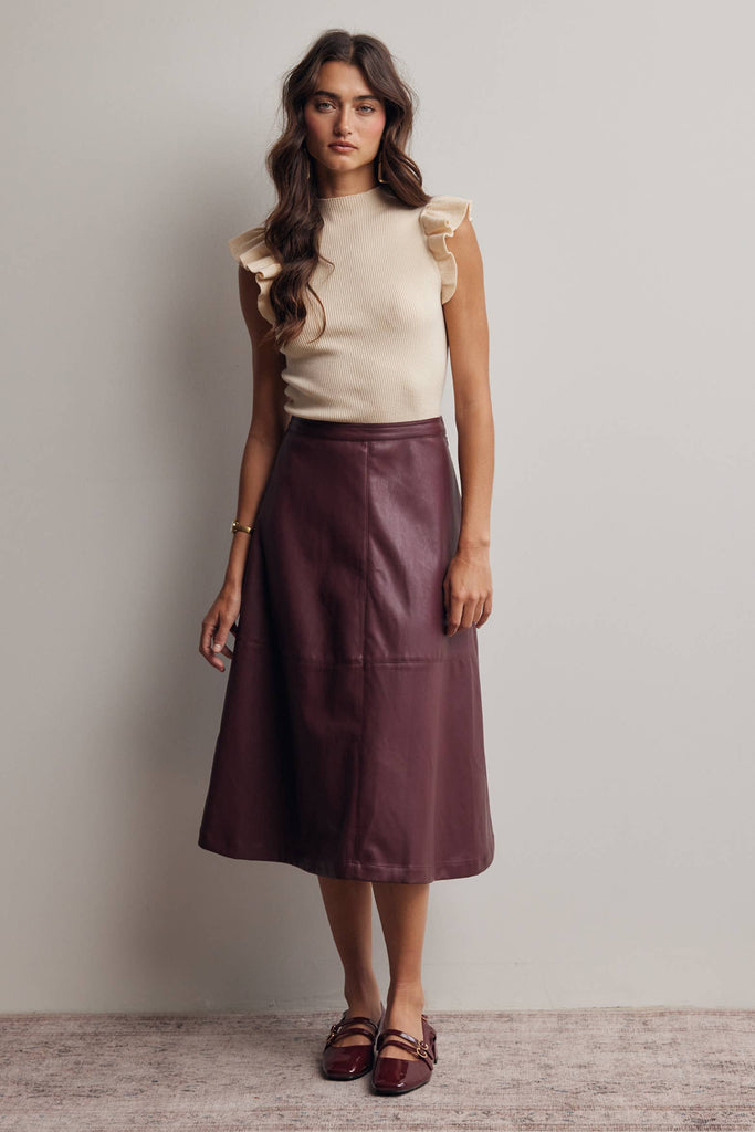 Faux Leather A-Line Midi Skirt: Burgundy