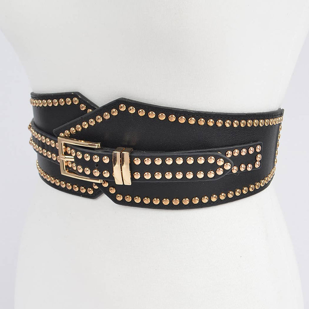 Studded Wide Stretch Belt: Black Gold