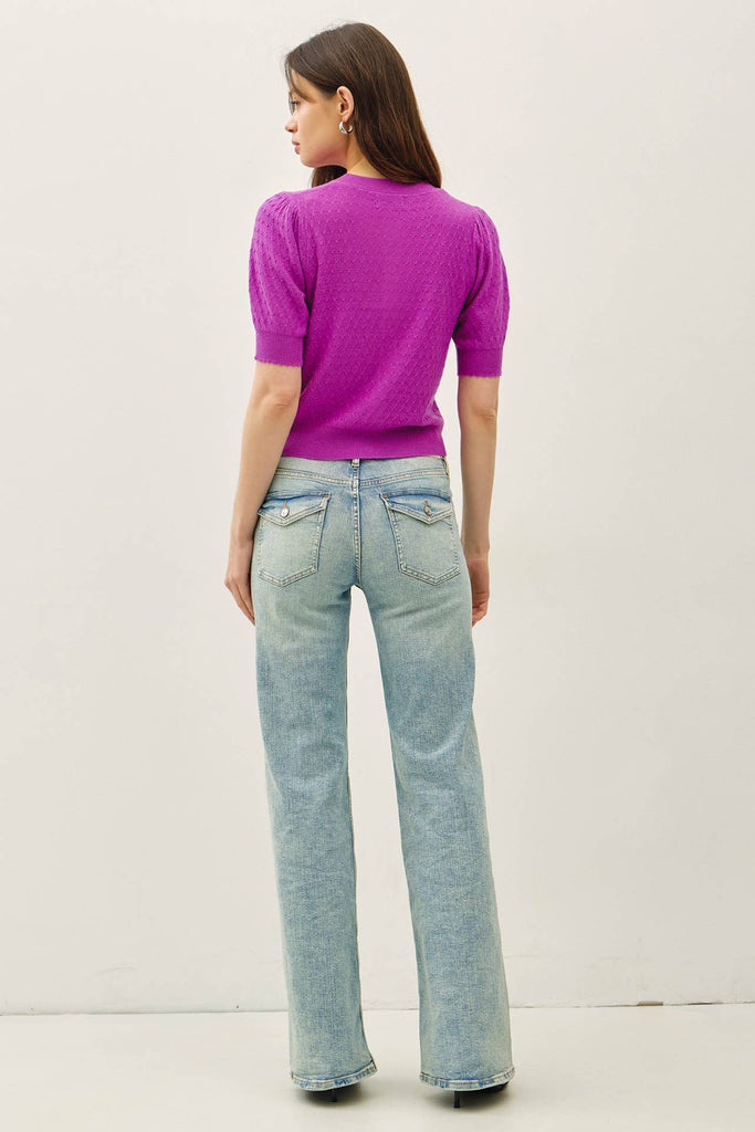 Pointelle Puff Sleeve Cardigan: Orchid